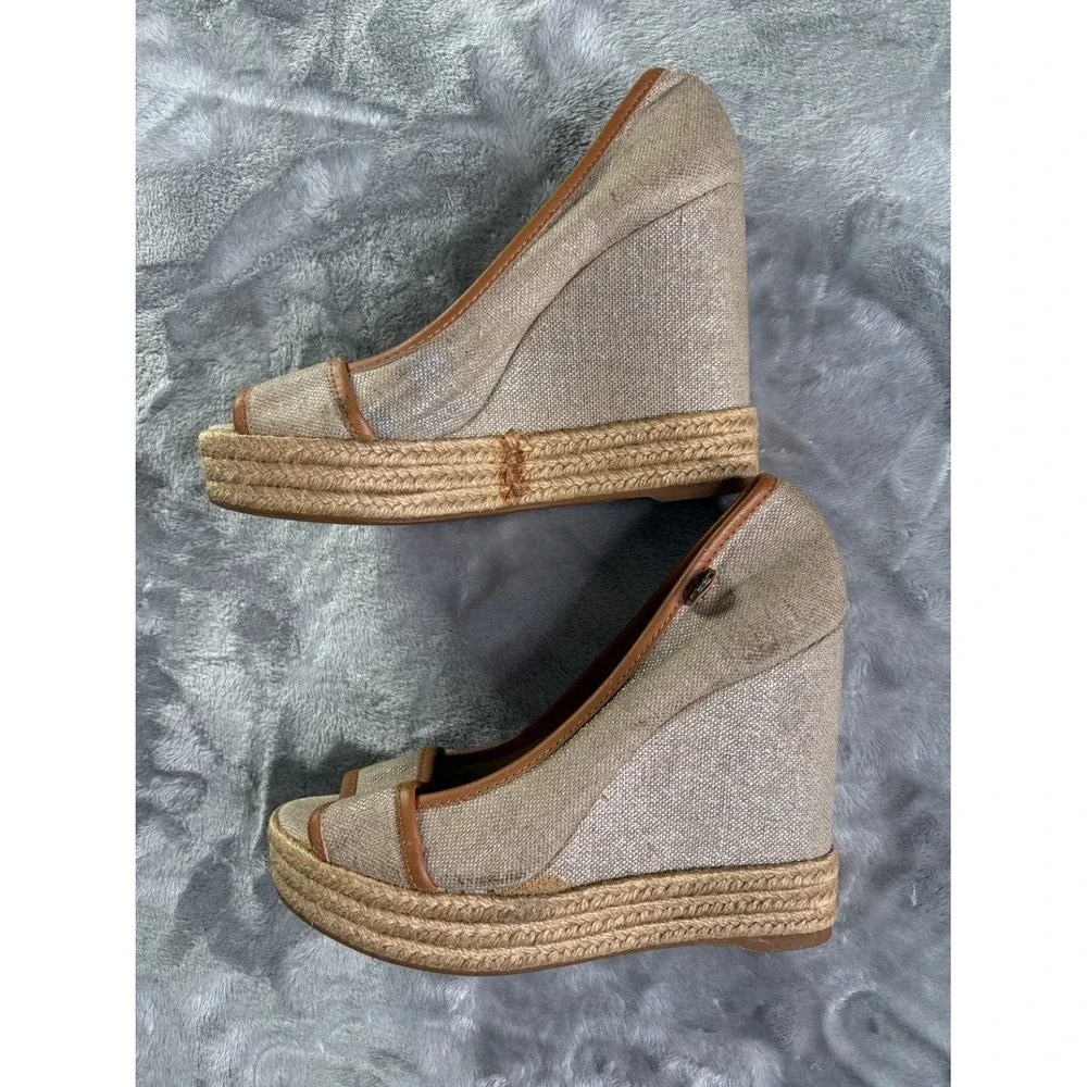 NEW W/ BOX Tory Burch Sally Canvas Espadrille Wedge Sandals Womens Beige US 8.5